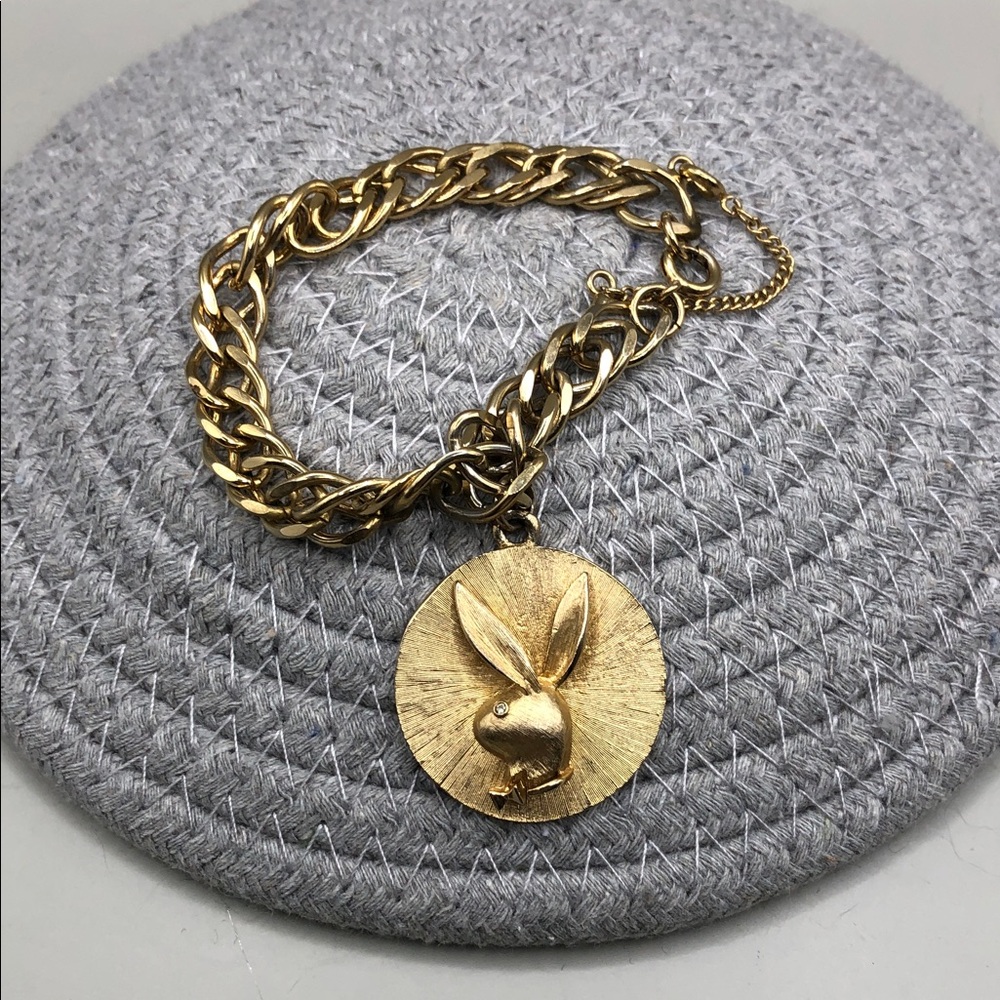 Vintage Playboy Bunny Large Coin Charm Semi Chunky Chain Bracelet UNISEX.